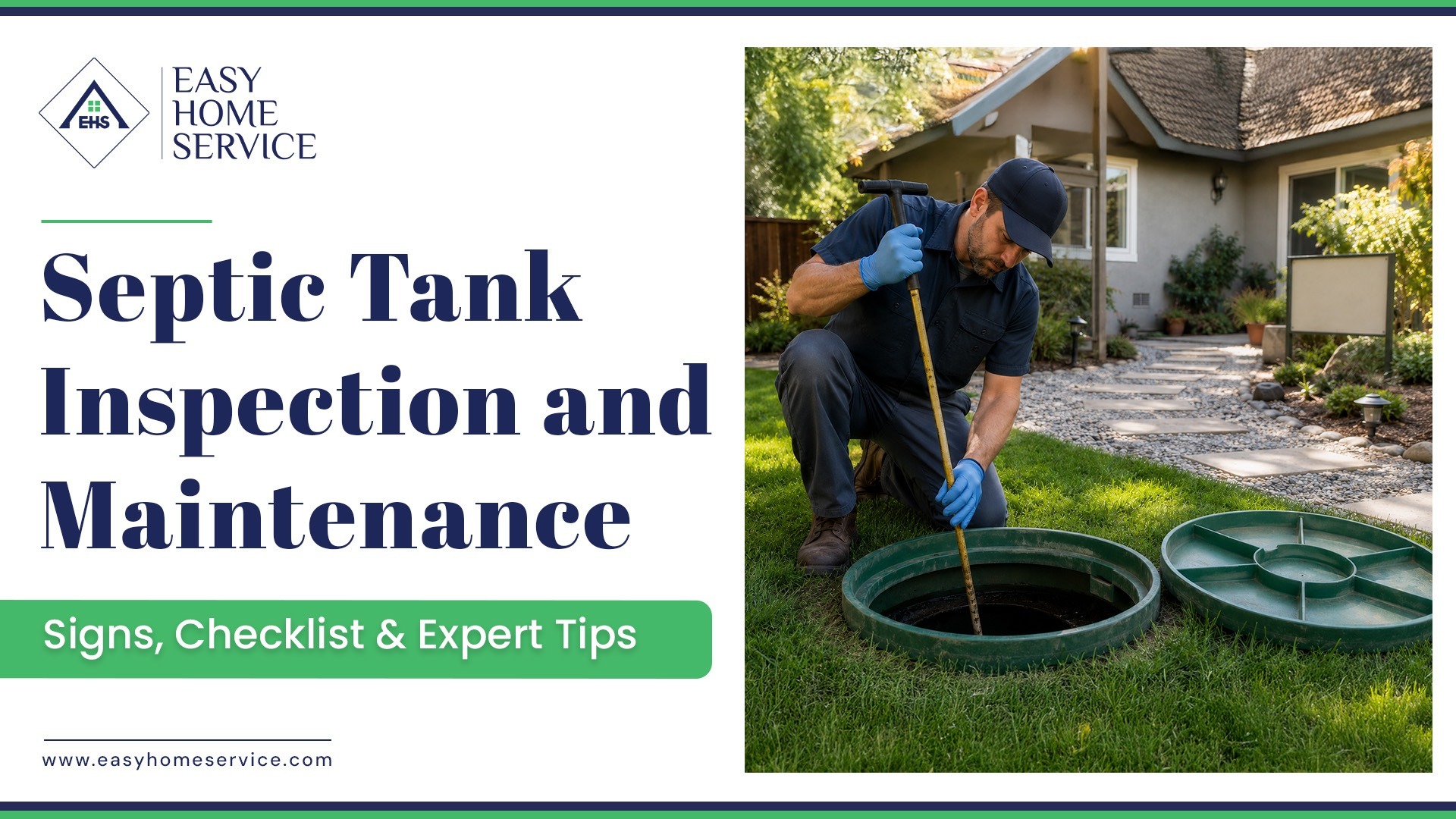 Technician performing a septic tank inspection with a sewer camera at a residential property.