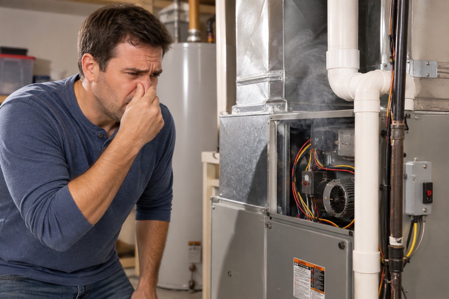 Burning electrical smell coming from an HVAC system indicating a potential electrical problem