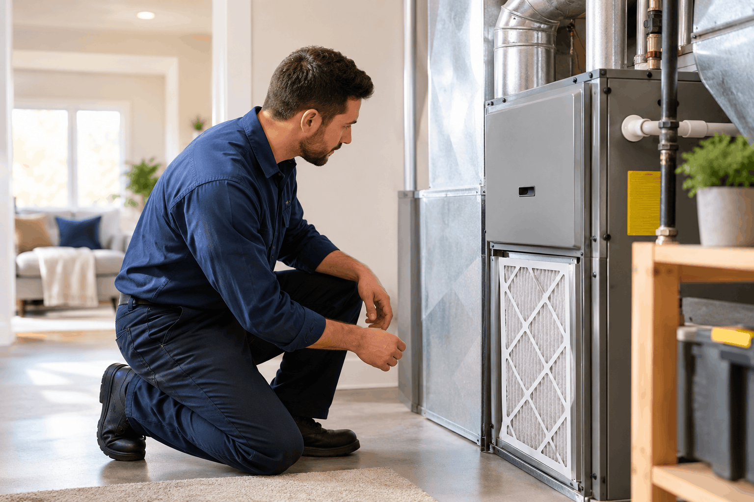 Home HVAC system maintenance calendar showing a technician inspecting a residential HVAC unit and air filter.