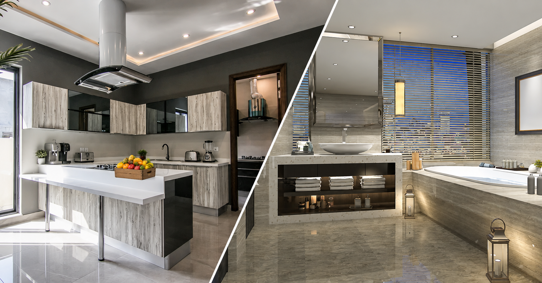 Kitchen and bathroom renovation with new cabinets, fixtures, tile, and countertops