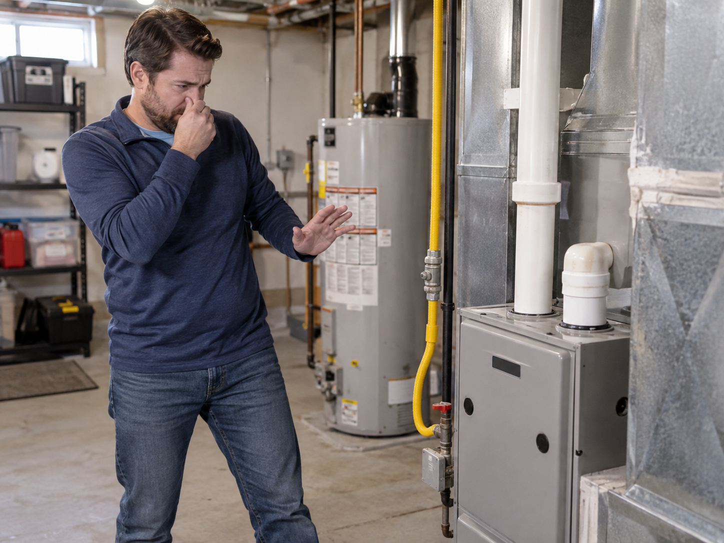 Gas smell near a furnace indicating a potential heating system safety issue