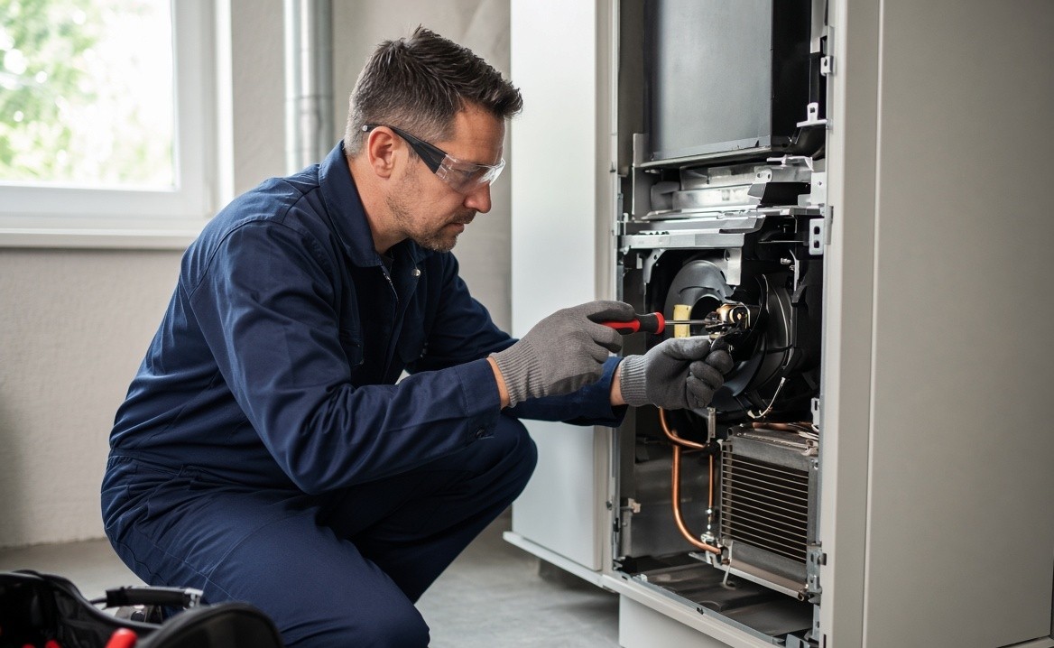 Emergency heating repair professional inspecting a home heating system
