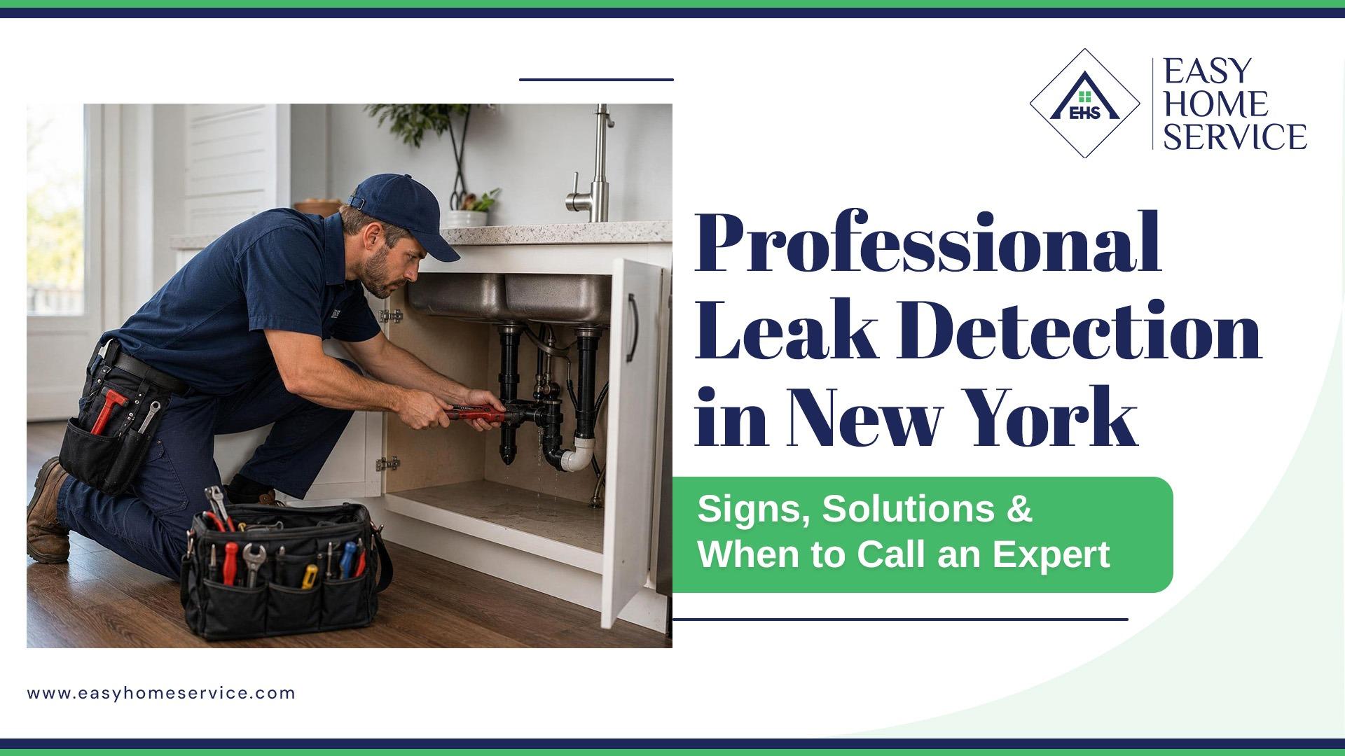 Plumber performing professional leak detection on a water pipe in a New York home